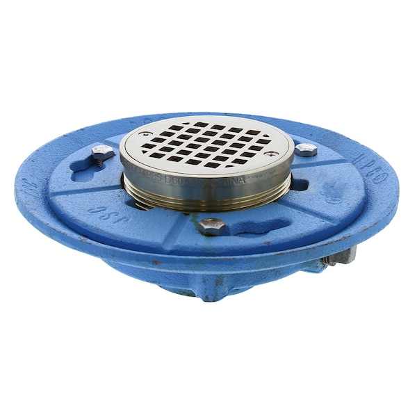 Jones Stephens 2in IPS Code Blue Floor Drain, 9in Pan, 4in Nickel Bronze Round Strainer, Height 3-1/4in - 4in D66687 - main